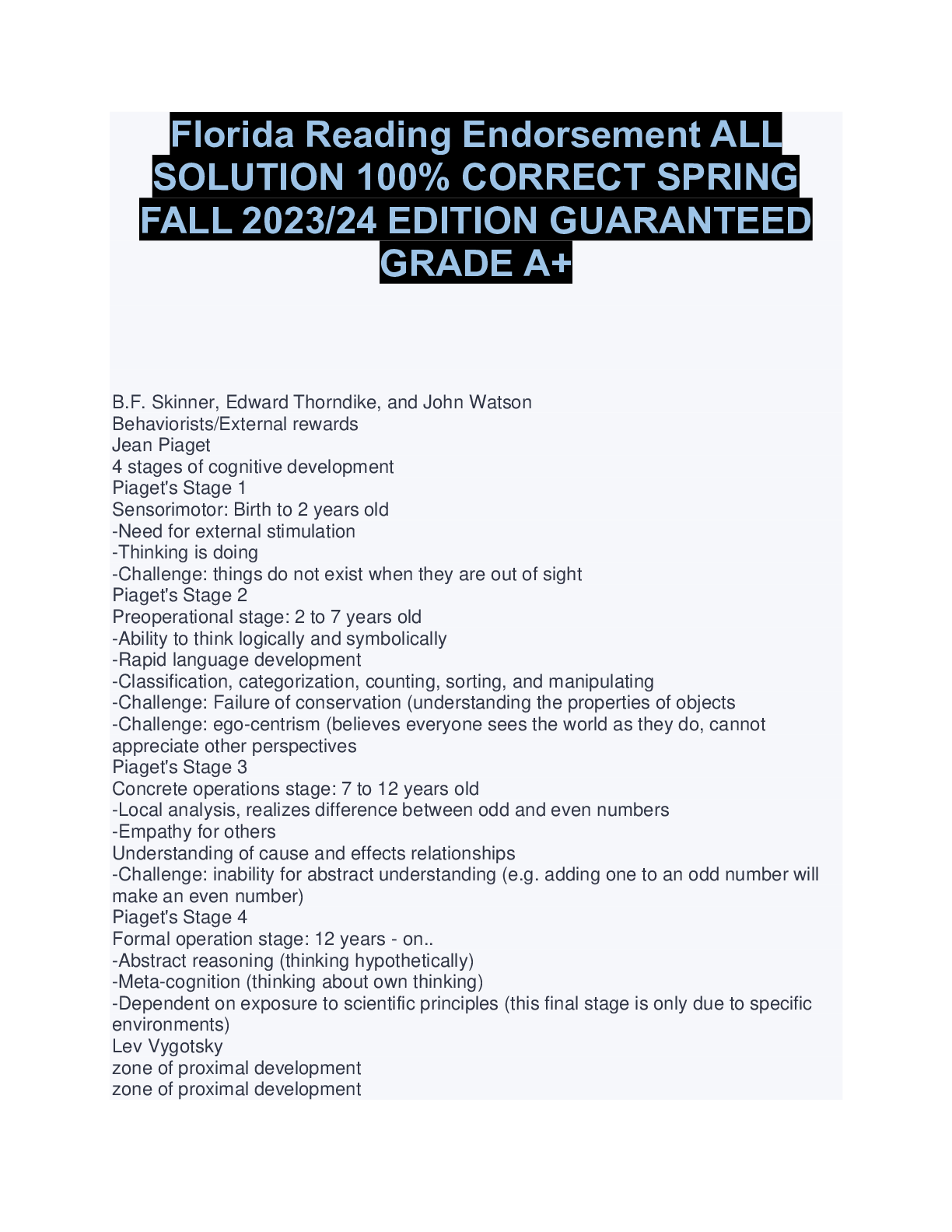 Florida reading endorsement all solution 100 correct spring fall 2023 